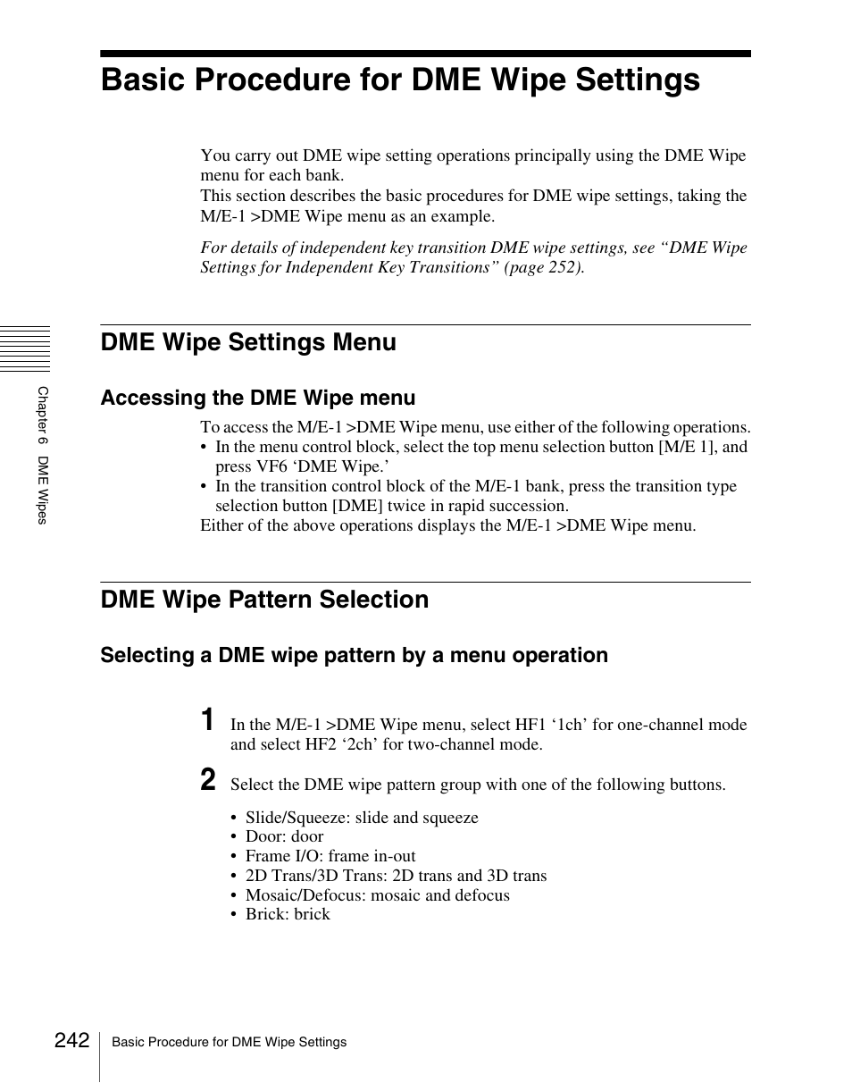 Basic procedure for dme wipe settings, Dme wipe settings menu, Dme wipe pattern selection | Dme wipe settings menu dme wipe pattern selection | Sony Multi Interface Shoe Adapter User Manual | Page 242 / 1094