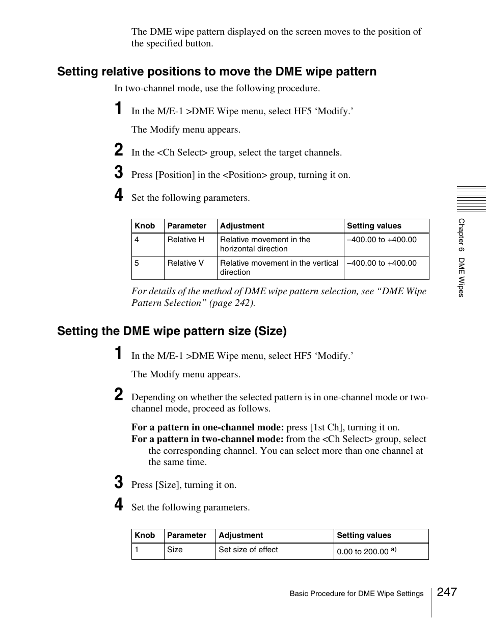 Setting the dme wipe pattern size (size) | Sony Multi Interface Shoe Adapter User Manual | Page 247 / 1094