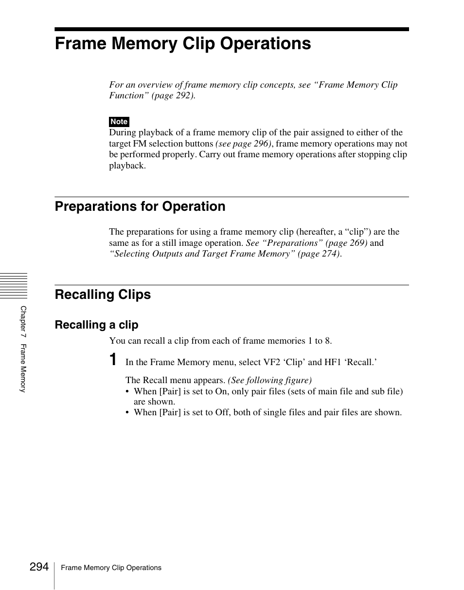 Frame memory clip operations, Preparations for operation, Recalling clips | Preparations for operation recalling clips, Recalling a clip | Sony Multi Interface Shoe Adapter User Manual | Page 294 / 1094