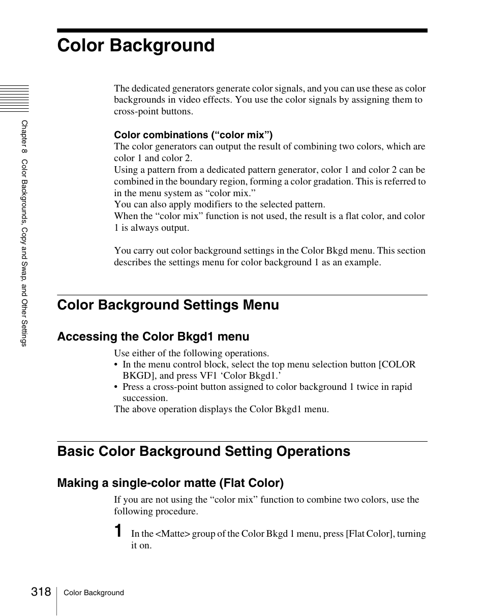 Color background, Color background settings menu, Basic color background setting operations | Accessing the color bkgd1 menu, Making a single-color matte (flat color) | Sony Multi Interface Shoe Adapter User Manual | Page 318 / 1094