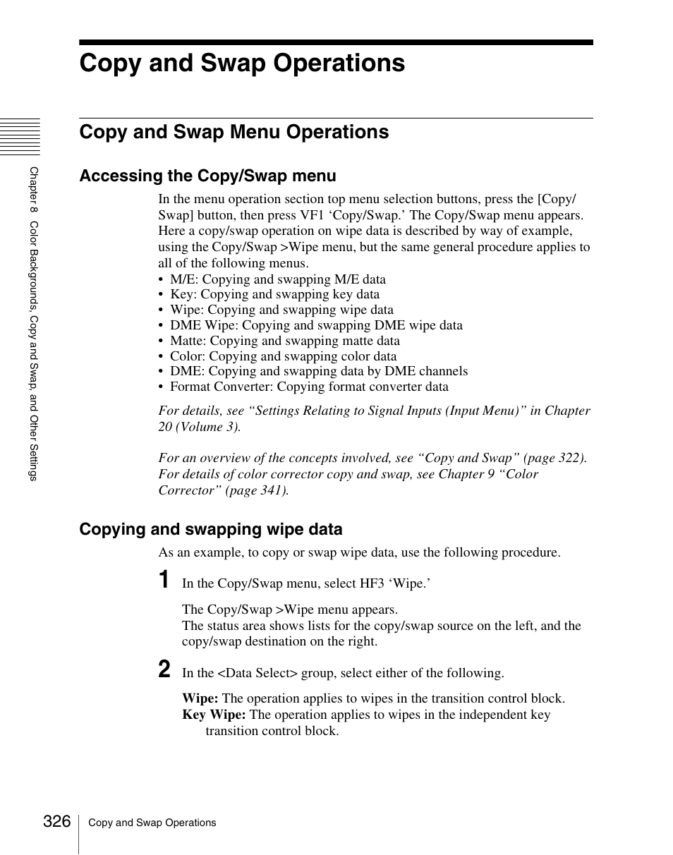 Copy and swap operations, Copy and swap menu operations, Accessing the copy/swap menu | Copying and swapping wipe data | Sony Multi Interface Shoe Adapter User Manual | Page 326 / 1094