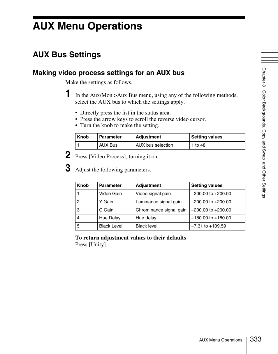 Aux menu operations, Aux bus settings, Making video process settings for an aux bus | Sony Multi Interface Shoe Adapter User Manual | Page 333 / 1094