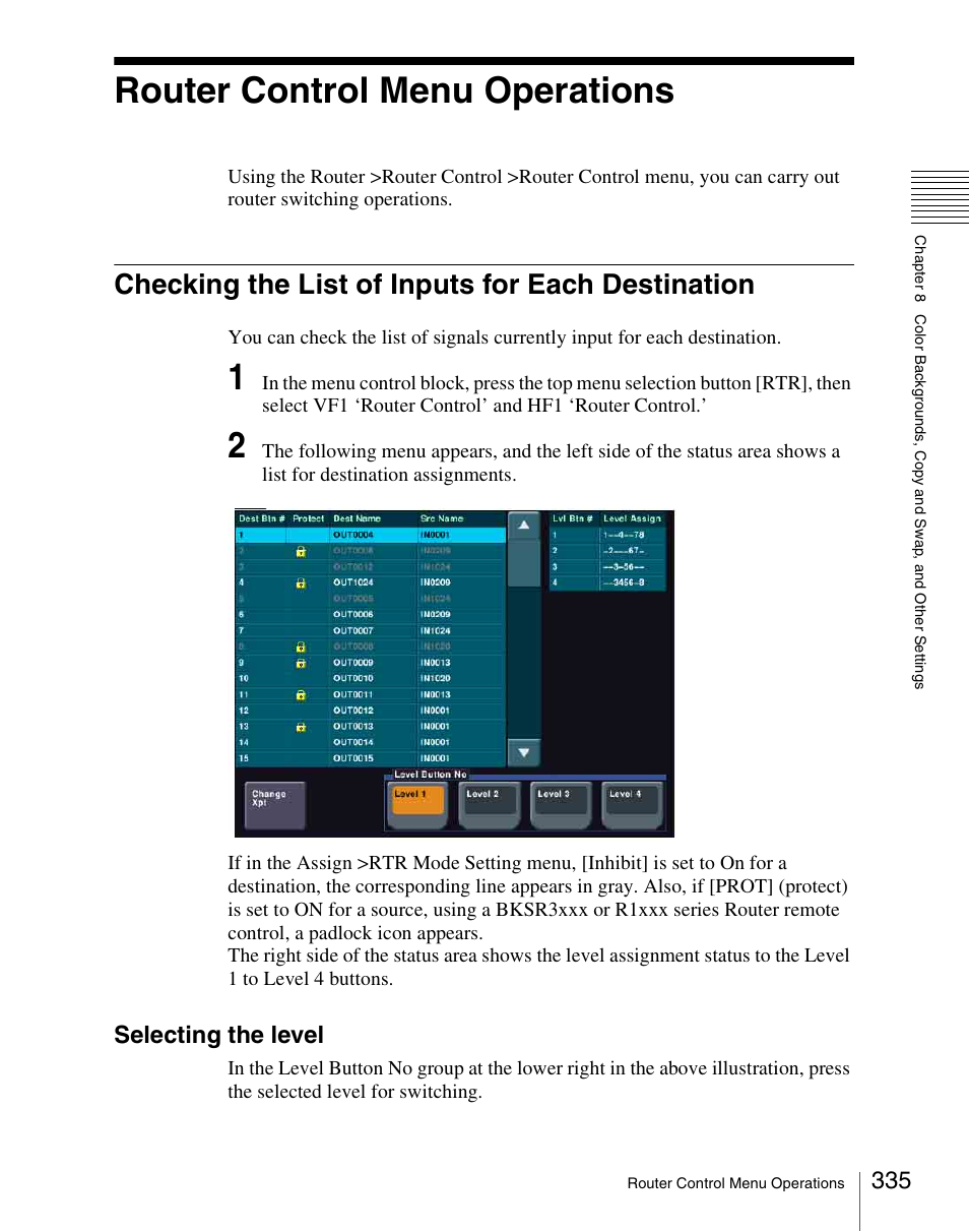 Router control menu operations, Checking the list of inputs for each destination, Selecting the level | Sony Multi Interface Shoe Adapter User Manual | Page 335 / 1094