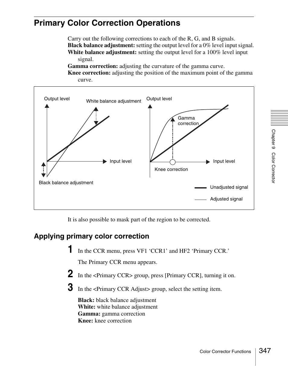 Primary color correction operations, Applying primary color correction | Sony Multi Interface Shoe Adapter User Manual | Page 347 / 1094