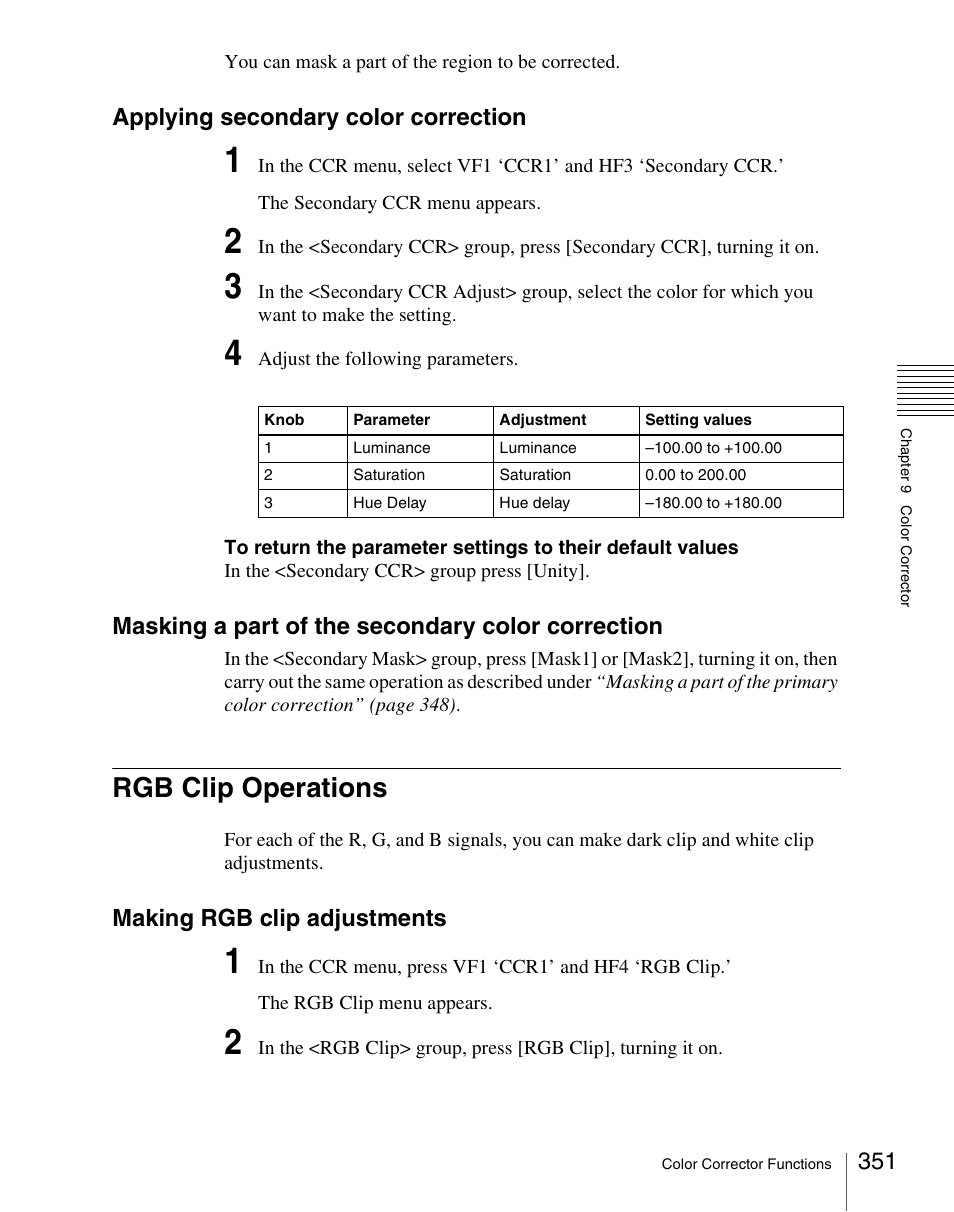 Rgb clip operations, Applying secondary color correction, Masking a part of the secondary color correction | Making rgb clip adjustments | Sony Multi Interface Shoe Adapter User Manual | Page 351 / 1094