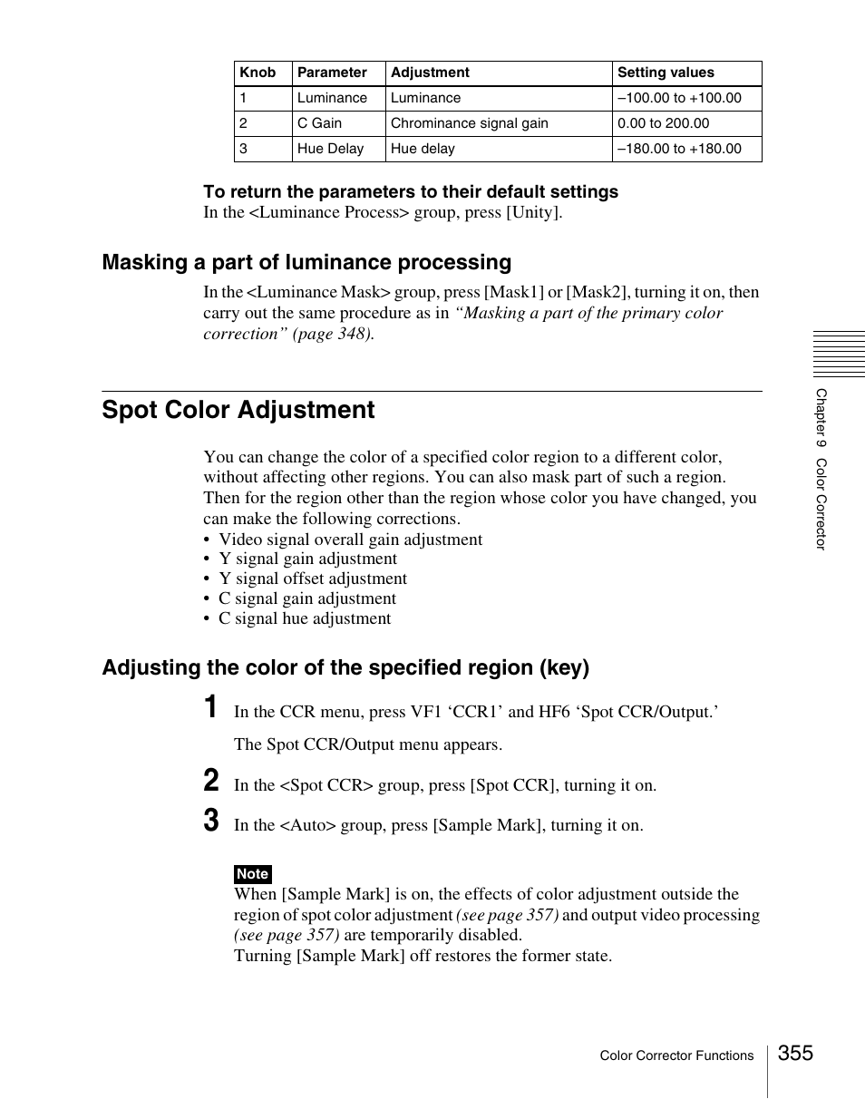 Spot color adjustment, Masking a part of luminance processing, Adjusting the color of the specified region (key) | Sony Multi Interface Shoe Adapter User Manual | Page 355 / 1094