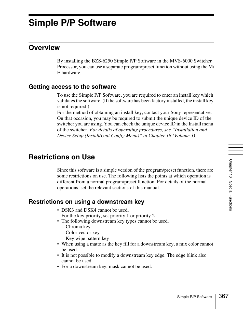 Simple p/p software, Overview, Restrictions on use | Overview restrictions on use, Getting access to the software, Restrictions on using a downstream key | Sony Multi Interface Shoe Adapter User Manual | Page 367 / 1094