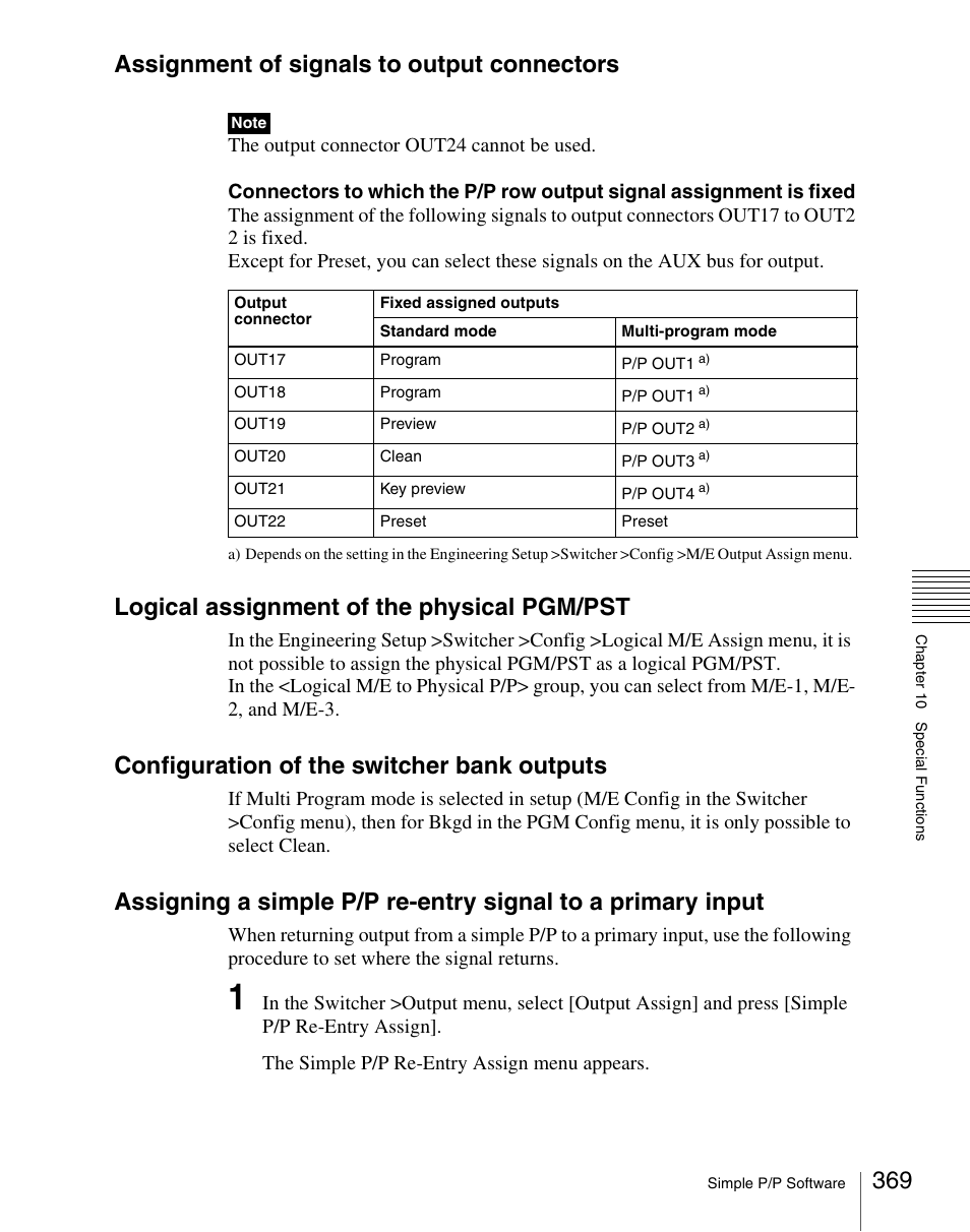 Assignment of signals to output connectors, Logical assignment of the physical pgm/pst, Configuration of the switcher bank outputs | Sony Multi Interface Shoe Adapter User Manual | Page 369 / 1094