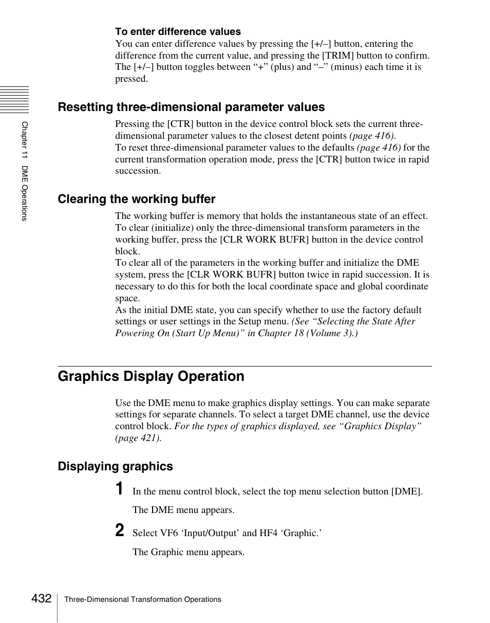 Graphics display operation, Resetting three-dimensional parameter values, Clearing the working buffer | Displaying graphics | Sony Multi Interface Shoe Adapter User Manual | Page 432 / 1094