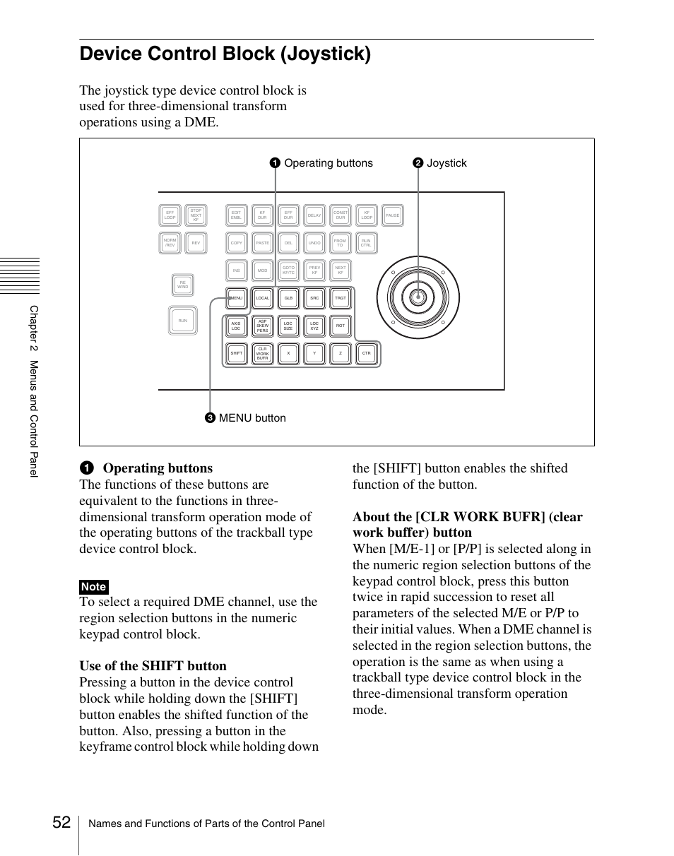 Device control block (joystick), 1operating buttons 2 joystick 3 menu button | Sony Multi Interface Shoe Adapter User Manual | Page 52 / 1094