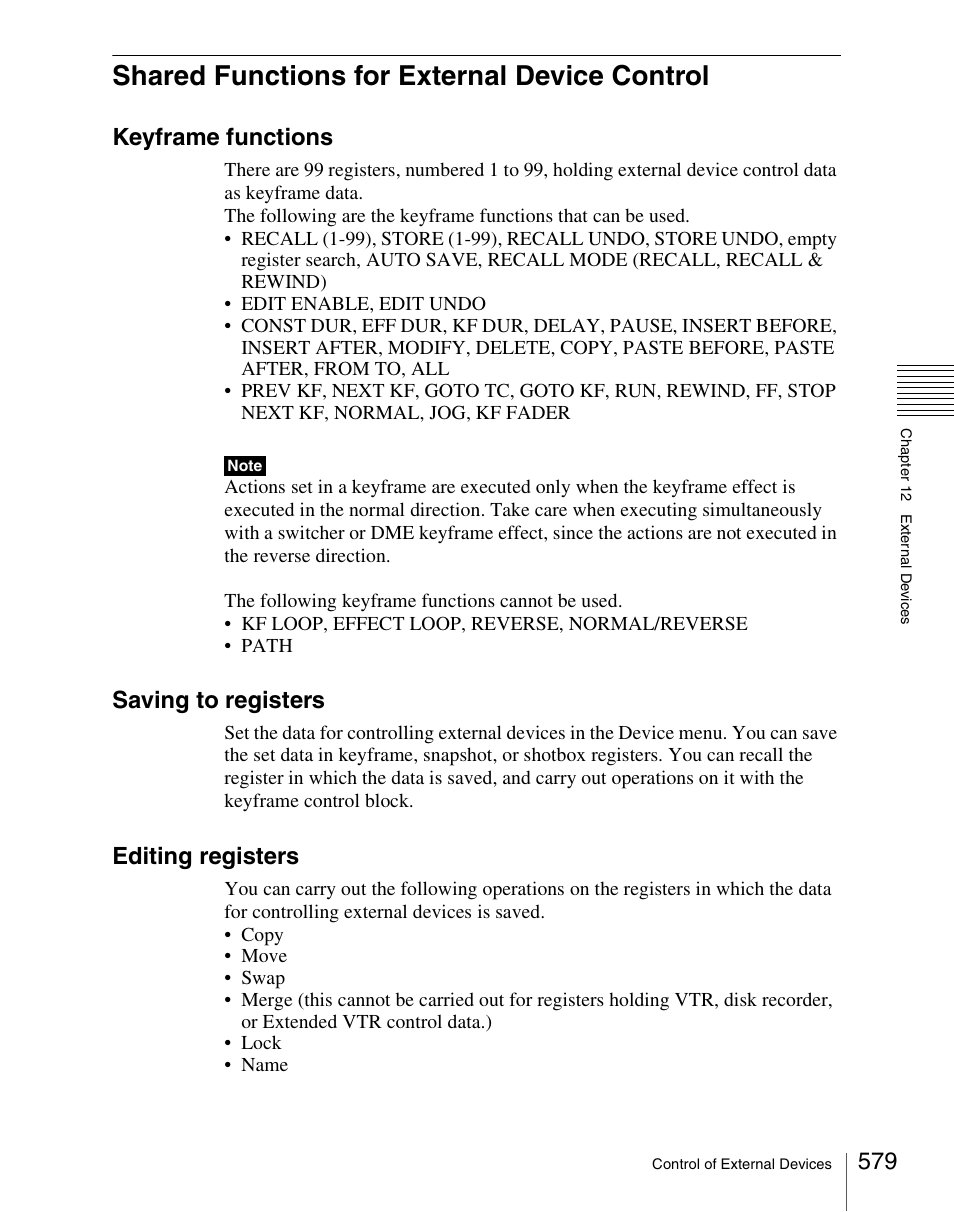 Shared functions for external device control, Keyframe functions, Saving to registers | Editing registers | Sony Multi Interface Shoe Adapter User Manual | Page 579 / 1094