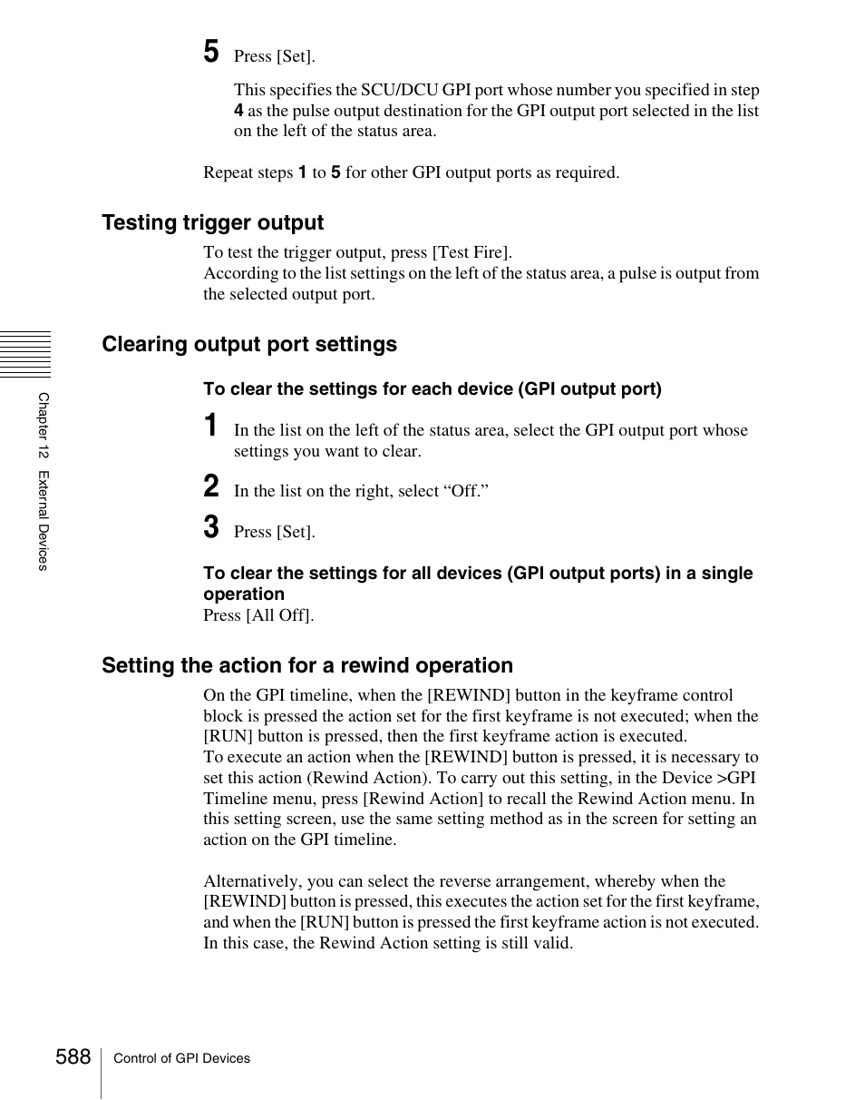 Testing trigger output, Clearing output port settings, Setting the action for a rewind operation | Sony Multi Interface Shoe Adapter User Manual | Page 588 / 1094