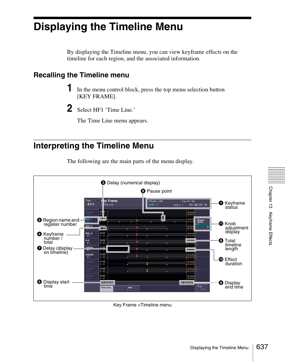 Displaying the timeline menu, Interpreting the timeline menu, Recalling the timeline menu | Sony Multi Interface Shoe Adapter User Manual | Page 637 / 1094