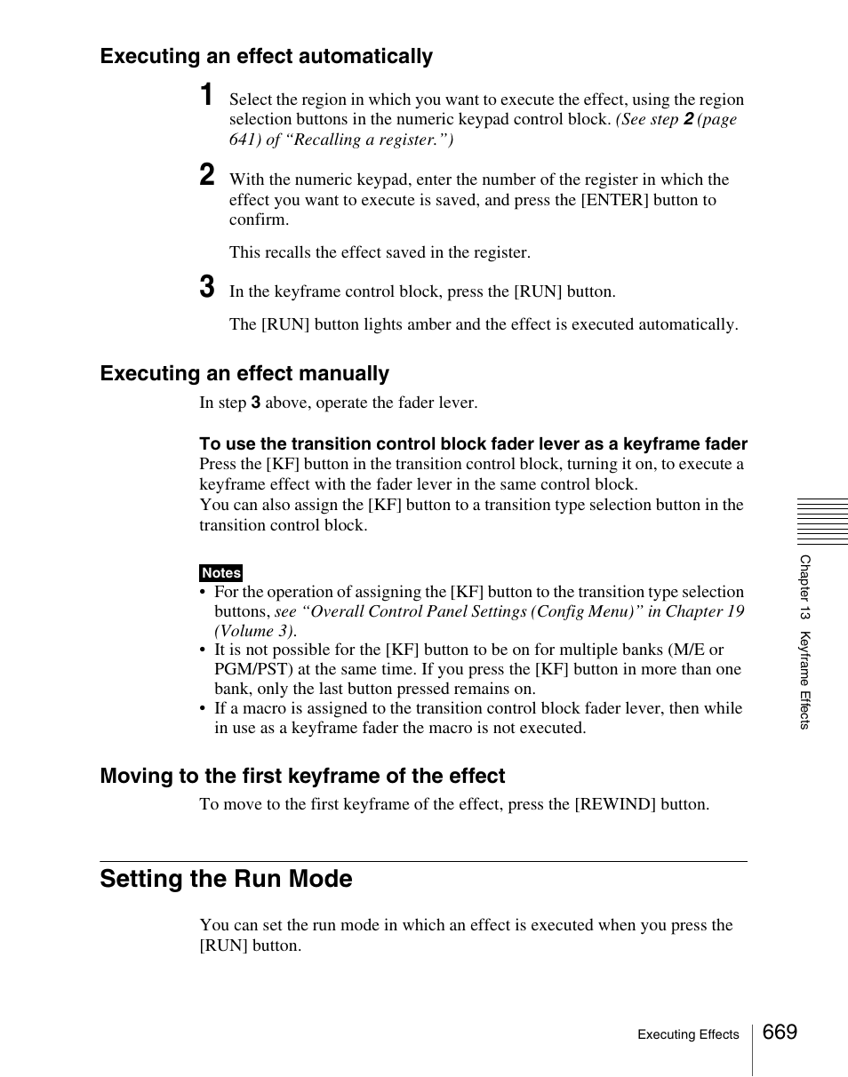 Setting the run mode, Executing an effect automatically, Executing an effect manually | Moving to the first keyframe of the effect | Sony Multi Interface Shoe Adapter User Manual | Page 669 / 1094