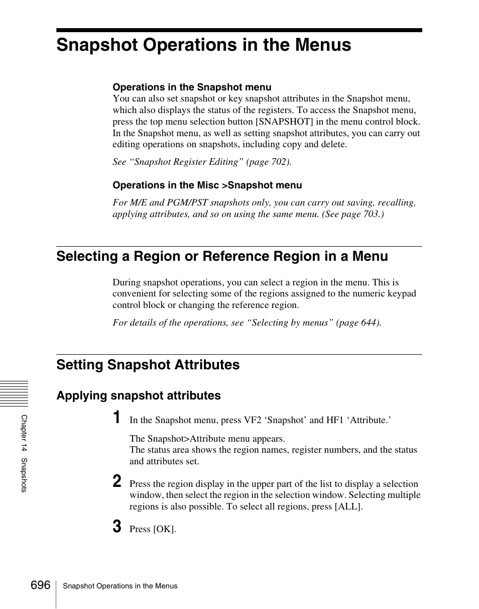 Snapshot operations in the menus, Selecting a region or reference region in a menu, Setting snapshot attributes | Sony Multi Interface Shoe Adapter User Manual | Page 696 / 1094