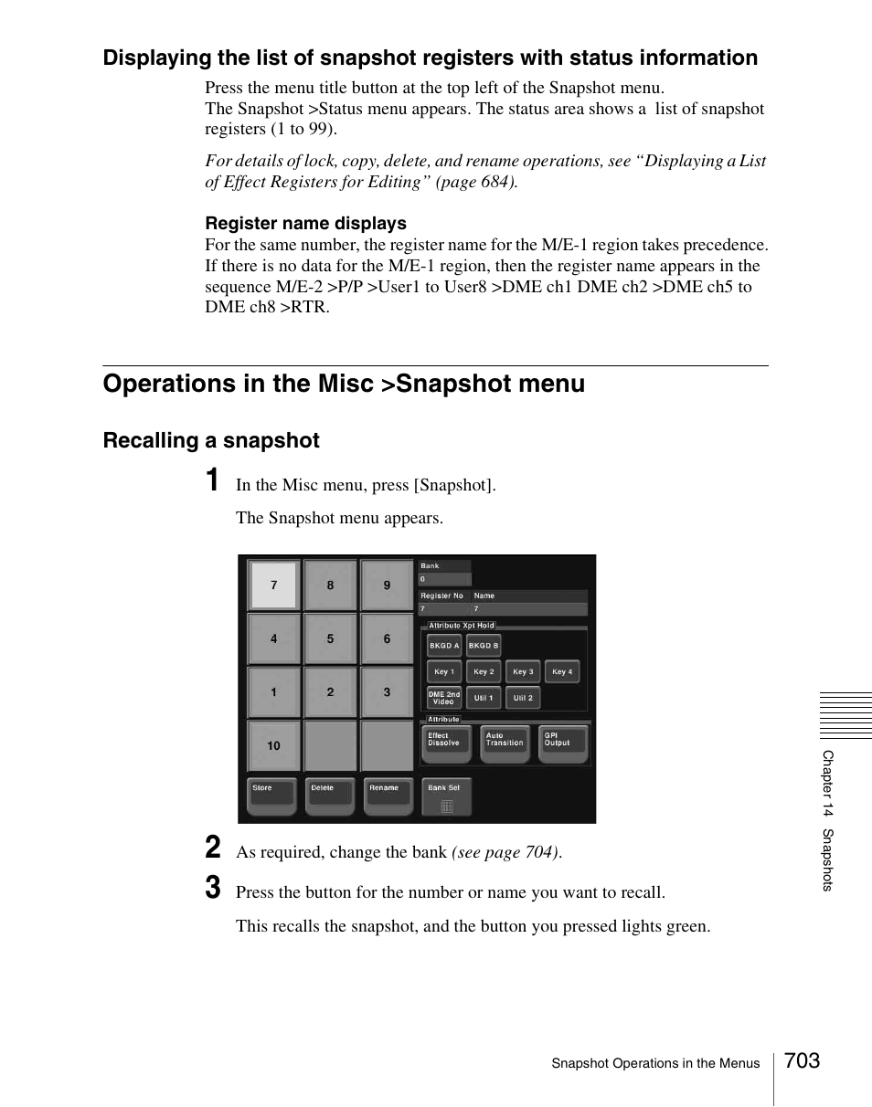 Operations in the misc >snapshot menu, Recalling a snapshot | Sony Multi Interface Shoe Adapter User Manual | Page 703 / 1094