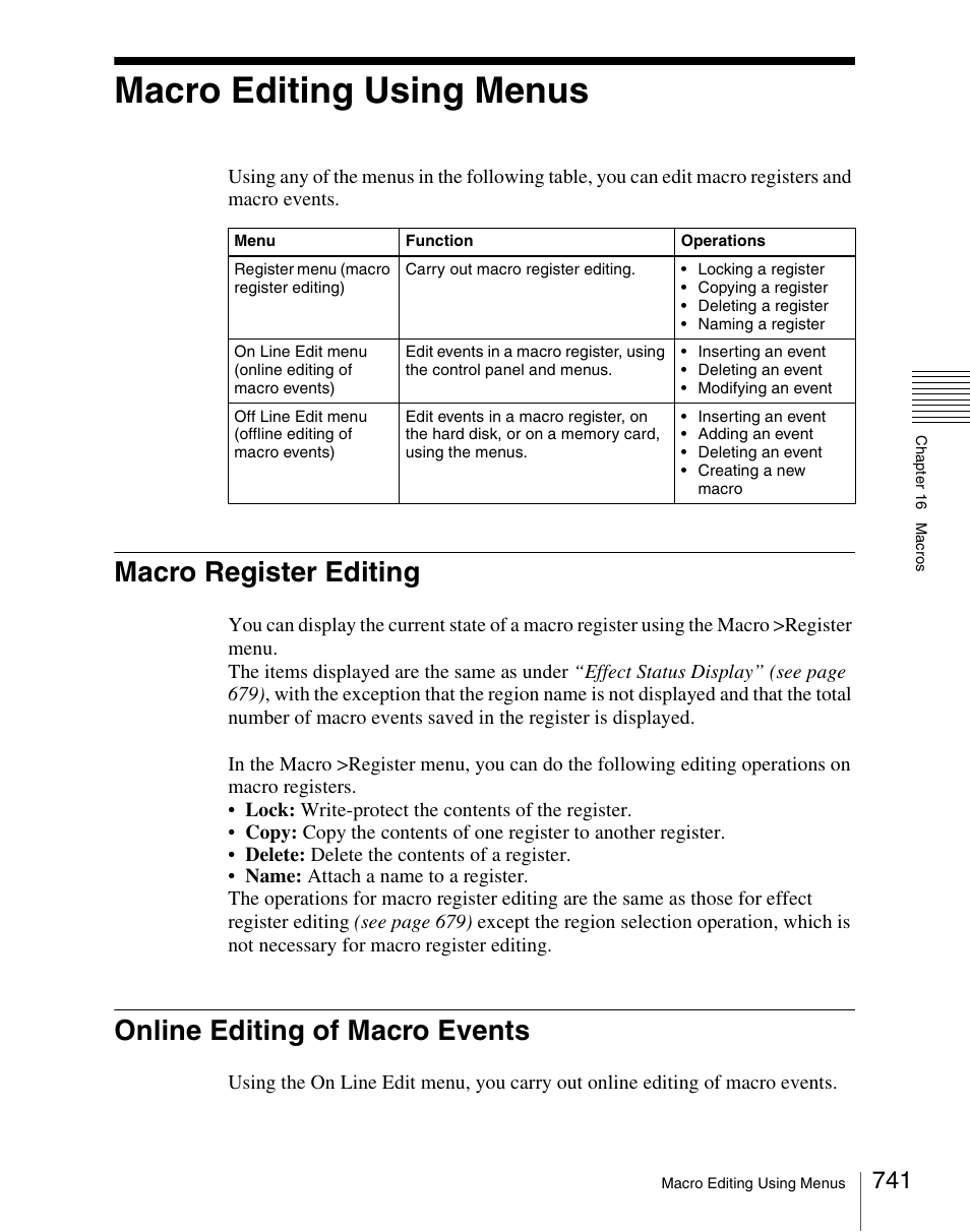 Macro editing using menus, Macro register editing, Online editing of macro events | Sony Multi Interface Shoe Adapter User Manual | Page 741 / 1094