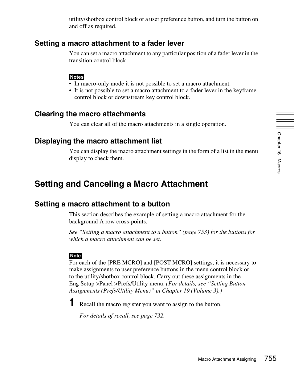 Setting and canceling a macro attachment, Setting a macro attachment to a fader lever, Clearing the macro attachments | Displaying the macro attachment list, Setting a macro attachment to a button | Sony Multi Interface Shoe Adapter User Manual | Page 755 / 1094