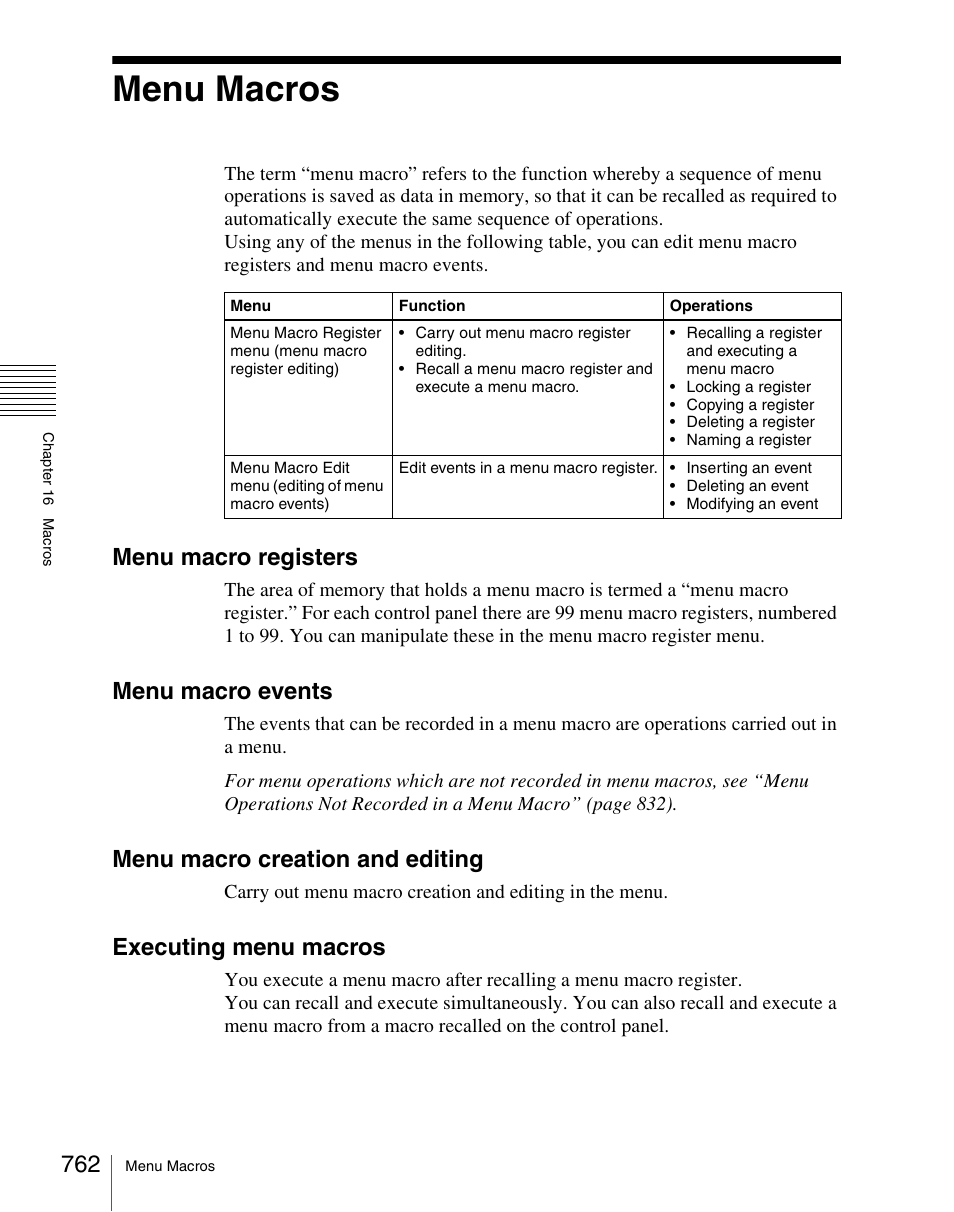 Menu macros, Menu macro registers, Menu macro events | Menu macro creation and editing, Executing menu macros | Sony Multi Interface Shoe Adapter User Manual | Page 762 / 1094