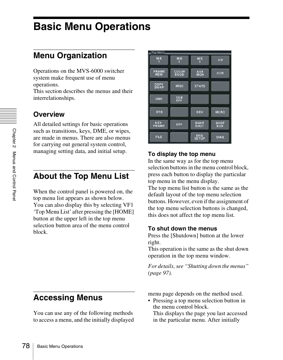 Basic menu operations, Menu organization, About the top menu list | Accessing menus, Overview | Sony Multi Interface Shoe Adapter User Manual | Page 78 / 1094