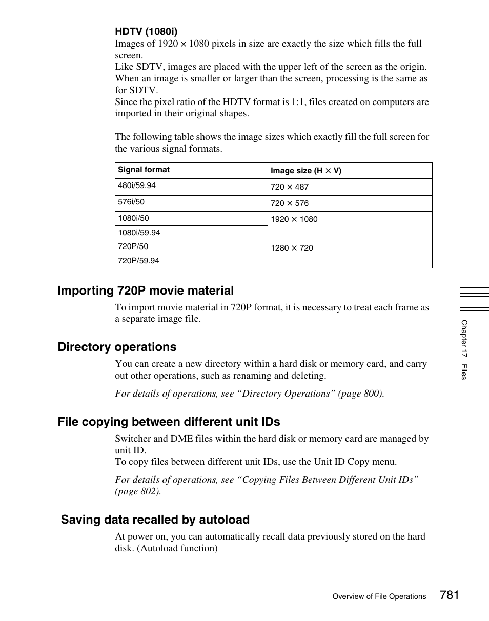 Importing 720p movie material, Directory operations, File copying between different unit ids | Saving data recalled by autoload | Sony Multi Interface Shoe Adapter User Manual | Page 781 / 1094