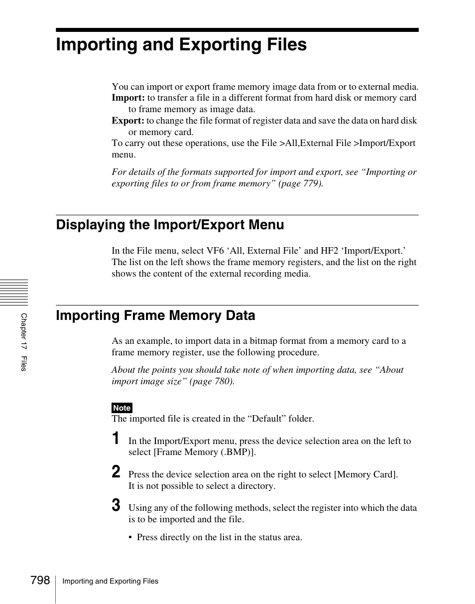 Importing and exporting files, Displaying the import/export menu, Importing frame memory data | Sony Multi Interface Shoe Adapter User Manual | Page 798 / 1094