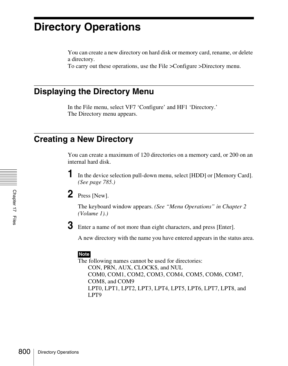 Directory operations, Displaying the directory menu, Creating a new directory | Sony Multi Interface Shoe Adapter User Manual | Page 800 / 1094