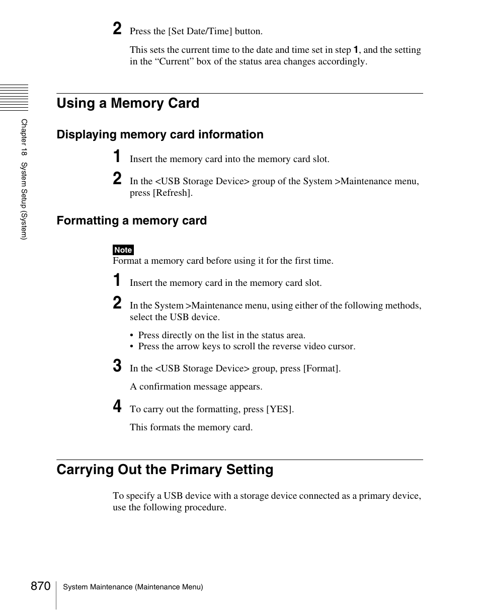 Using a memory card, Carrying out the primary setting | Sony Multi Interface Shoe Adapter User Manual | Page 870 / 1094