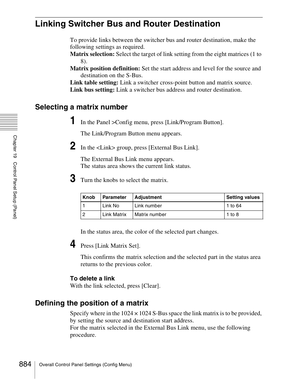 Linking switcher bus and router destination, Selecting a matrix number, Defining the position of a matrix | Sony Multi Interface Shoe Adapter User Manual | Page 884 / 1094