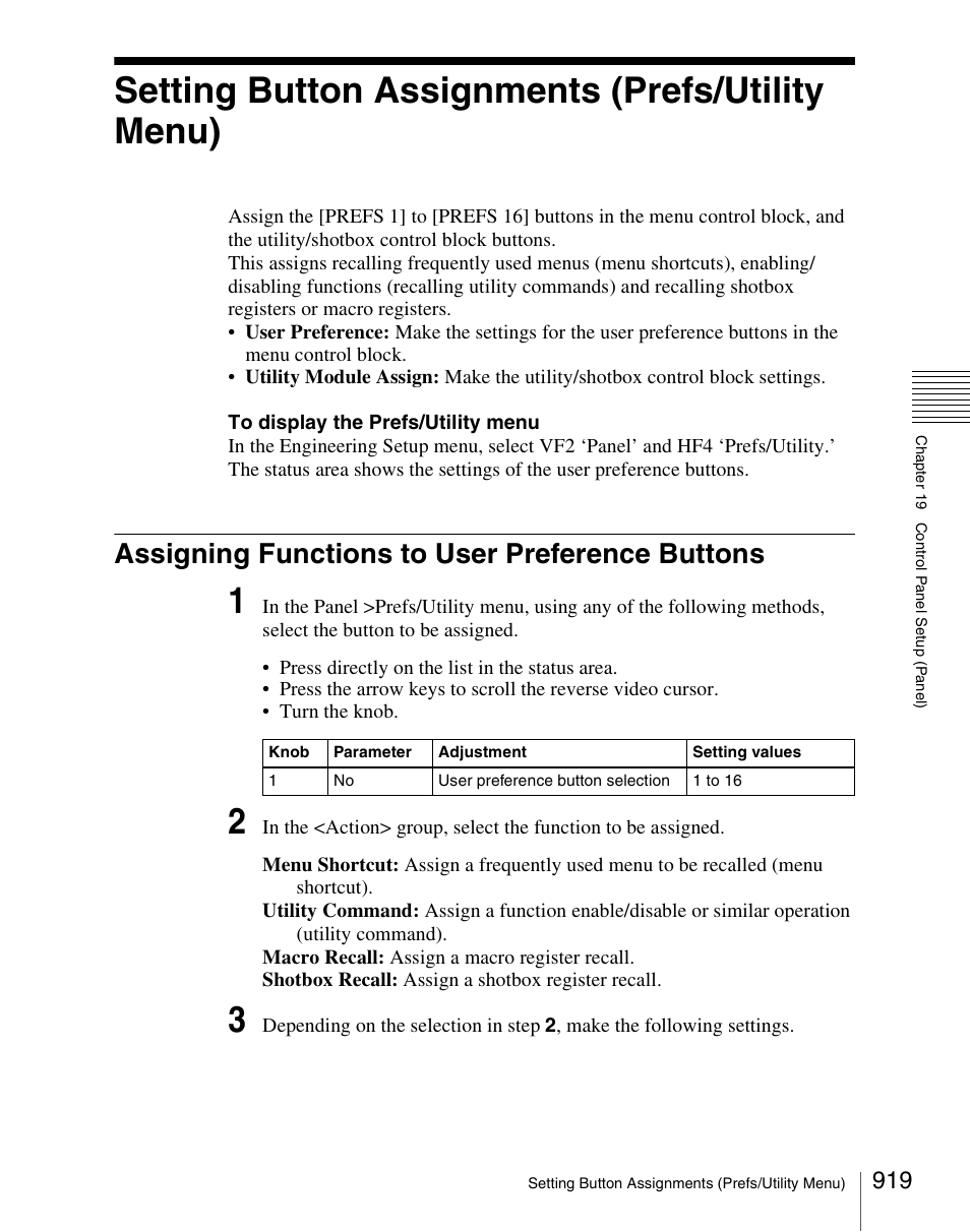 Setting button assignments (prefs/utility menu), Assigning functions to user preference buttons | Sony Multi Interface Shoe Adapter User Manual | Page 919 / 1094