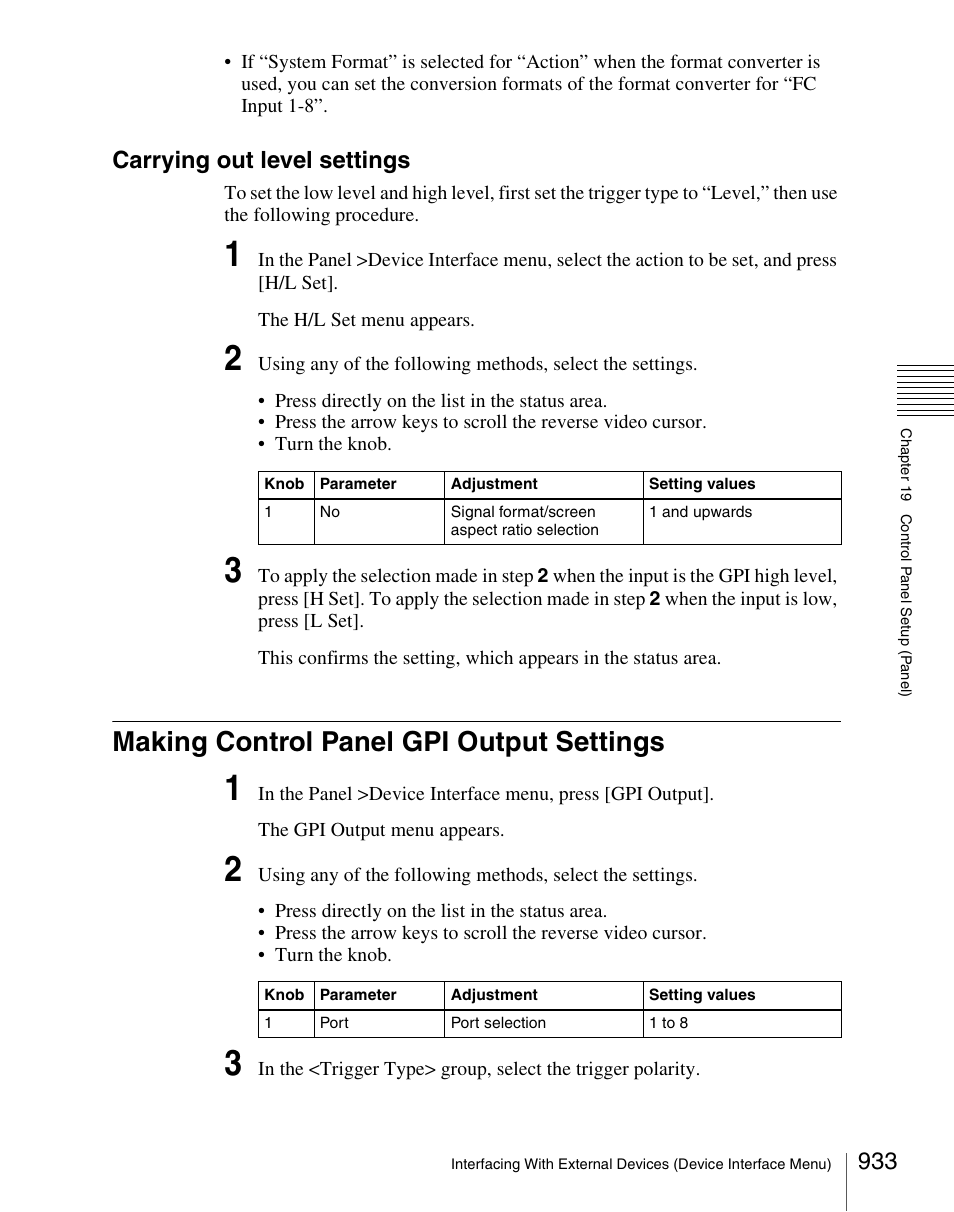 Making control panel gpi output settings, Carrying out level settings | Sony Multi Interface Shoe Adapter User Manual | Page 933 / 1094