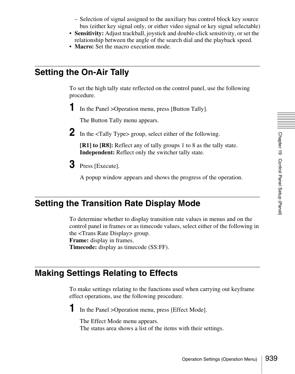 Setting the on-air tally, Setting the transition rate display mode, Making settings relating to effects | Sony Multi Interface Shoe Adapter User Manual | Page 939 / 1094