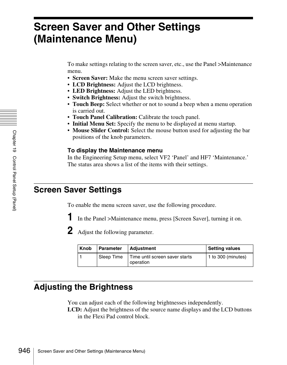 Screen saver and other settings (maintenance menu), Screen saver settings, Adjusting the brightness | Screen saver settings adjusting the brightness | Sony Multi Interface Shoe Adapter User Manual | Page 946 / 1094