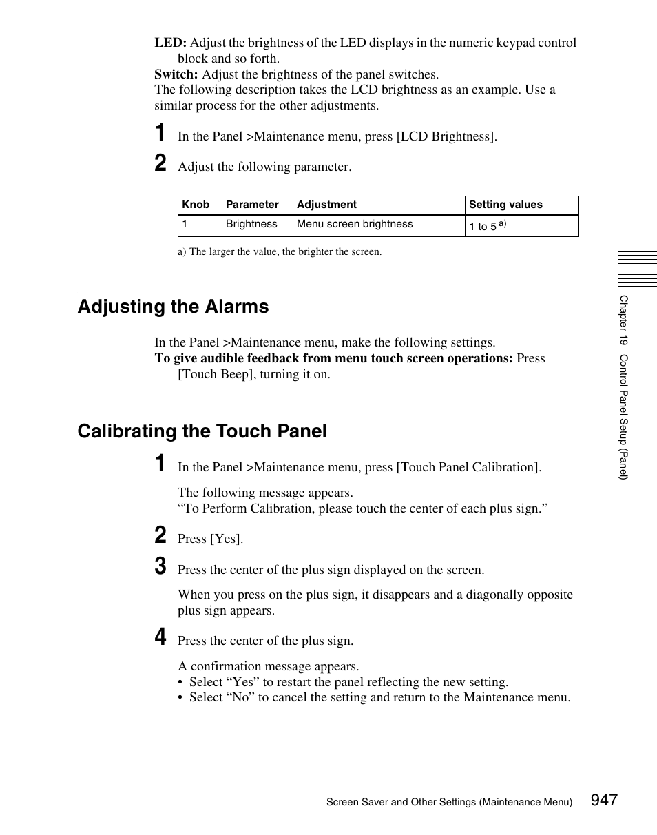 Adjusting the alarms, Calibrating the touch panel, Adjusting the alarms calibrating the touch panel | Sony Multi Interface Shoe Adapter User Manual | Page 947 / 1094