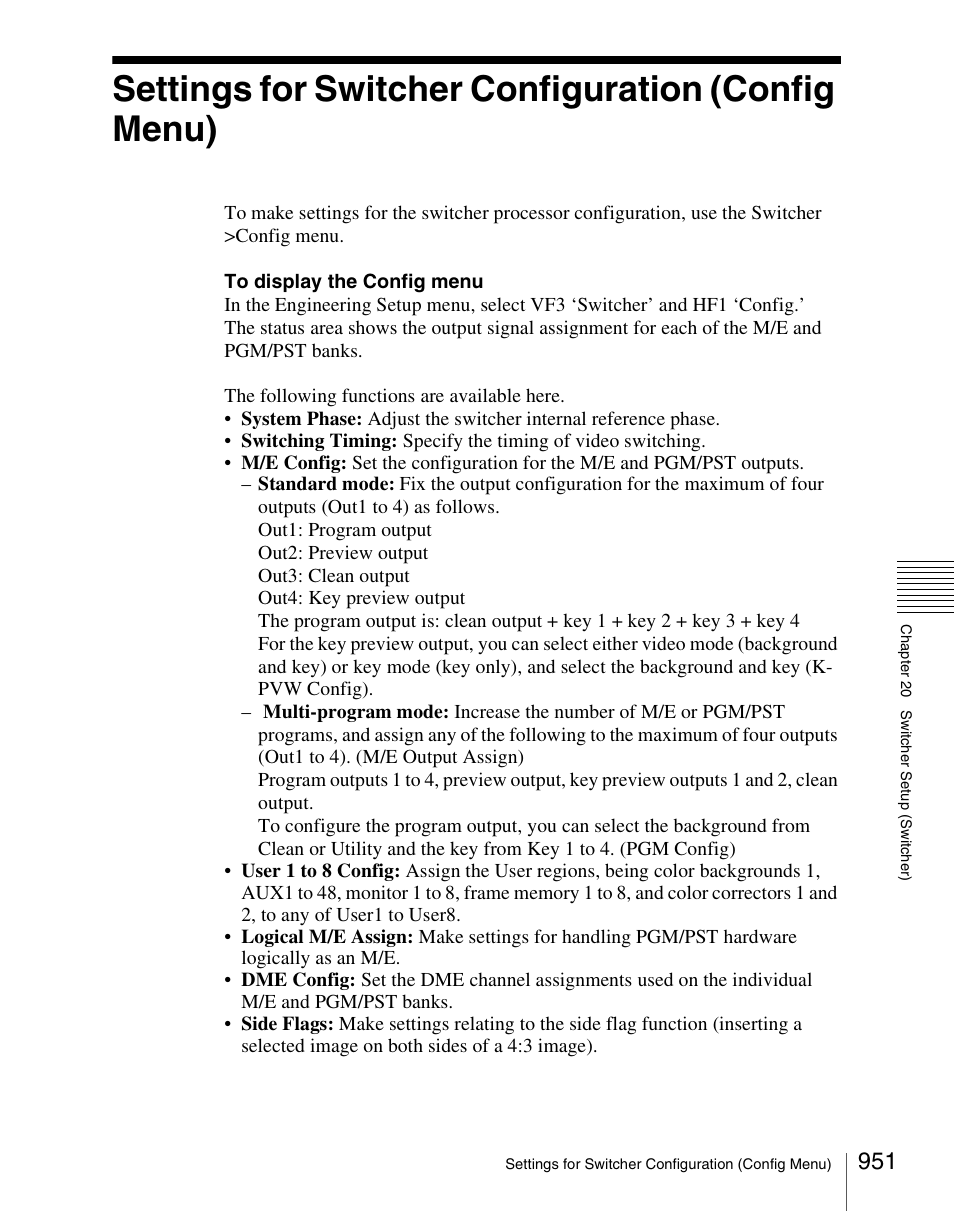 Settings for switcher configuration (config menu) | Sony Multi Interface Shoe Adapter User Manual | Page 951 / 1094