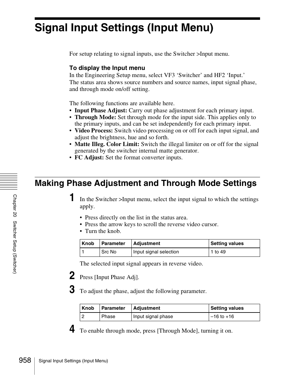 Signal input settings (input menu), Making phase adjustment and through mode settings | Sony Multi Interface Shoe Adapter User Manual | Page 958 / 1094