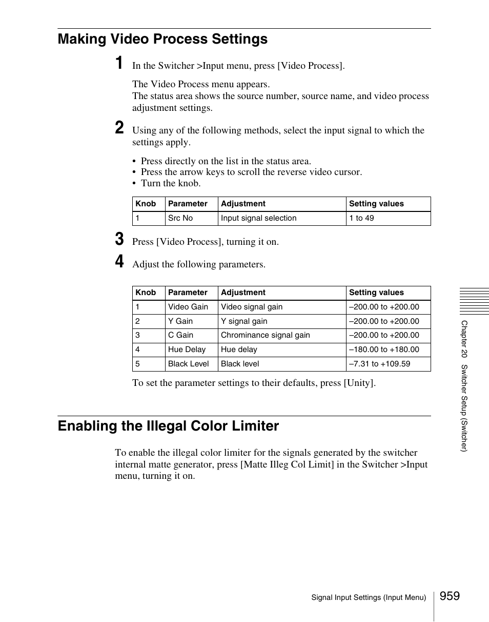 Making video process settings, Enabling the illegal color limiter | Sony Multi Interface Shoe Adapter User Manual | Page 959 / 1094