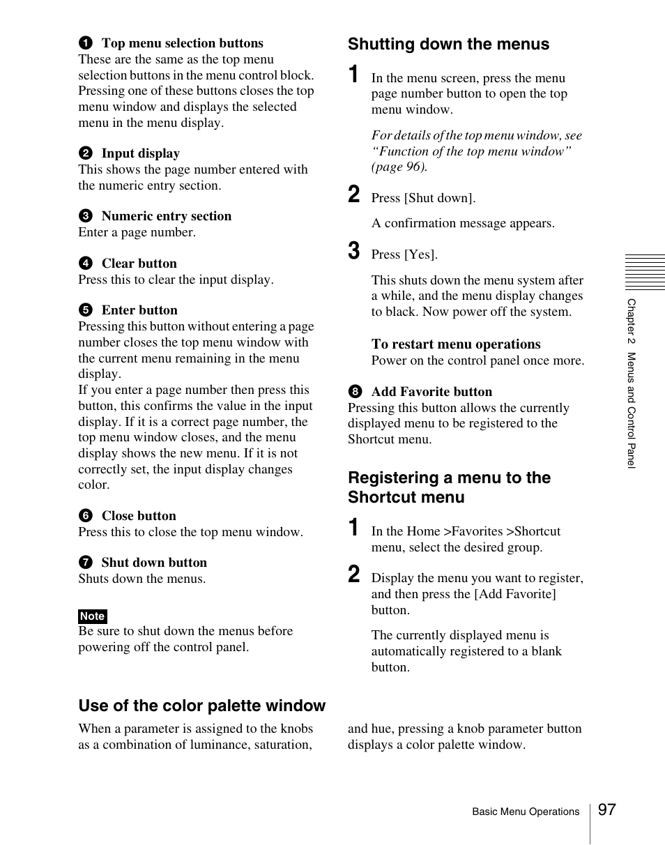 Shutting down the menus, Registering a menu to the shortcut menu, Use of the color palette window | Sony Multi Interface Shoe Adapter User Manual | Page 97 / 1094