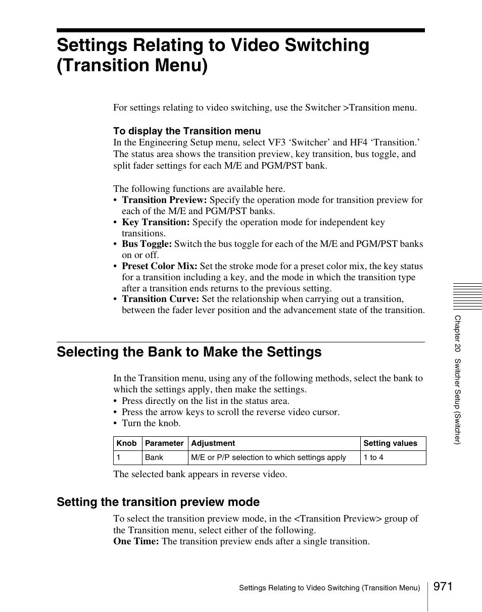 Selecting the bank to make the settings, Setting the transition preview mode | Sony Multi Interface Shoe Adapter User Manual | Page 971 / 1094