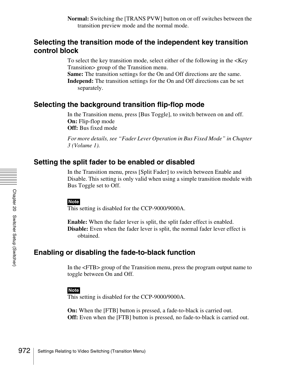 Selecting the background transition flip-flop mode, Setting the split fader to be enabled or disabled, Enabling or disabling the fade-to-black function | Sony Multi Interface Shoe Adapter User Manual | Page 972 / 1094