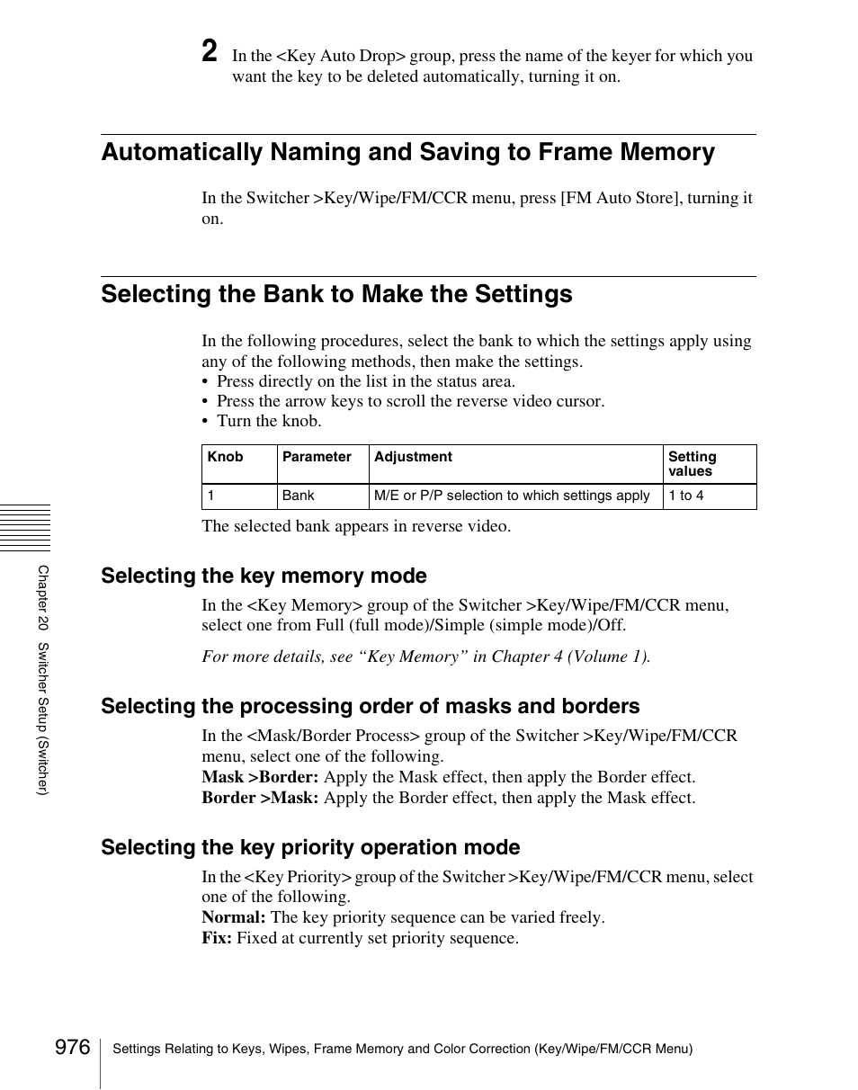 Automatically naming and saving to frame memory, Selecting the bank to make the settings, Selecting the key priority operation mode | Sony Multi Interface Shoe Adapter User Manual | Page 976 / 1094