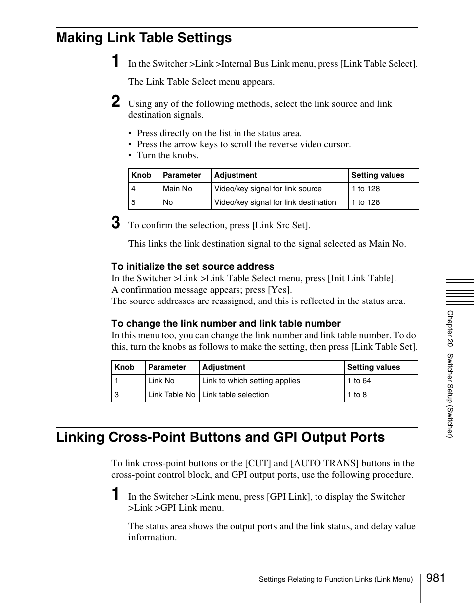 Making link table settings, Linking cross-point buttons and gpi output ports | Sony Multi Interface Shoe Adapter User Manual | Page 981 / 1094