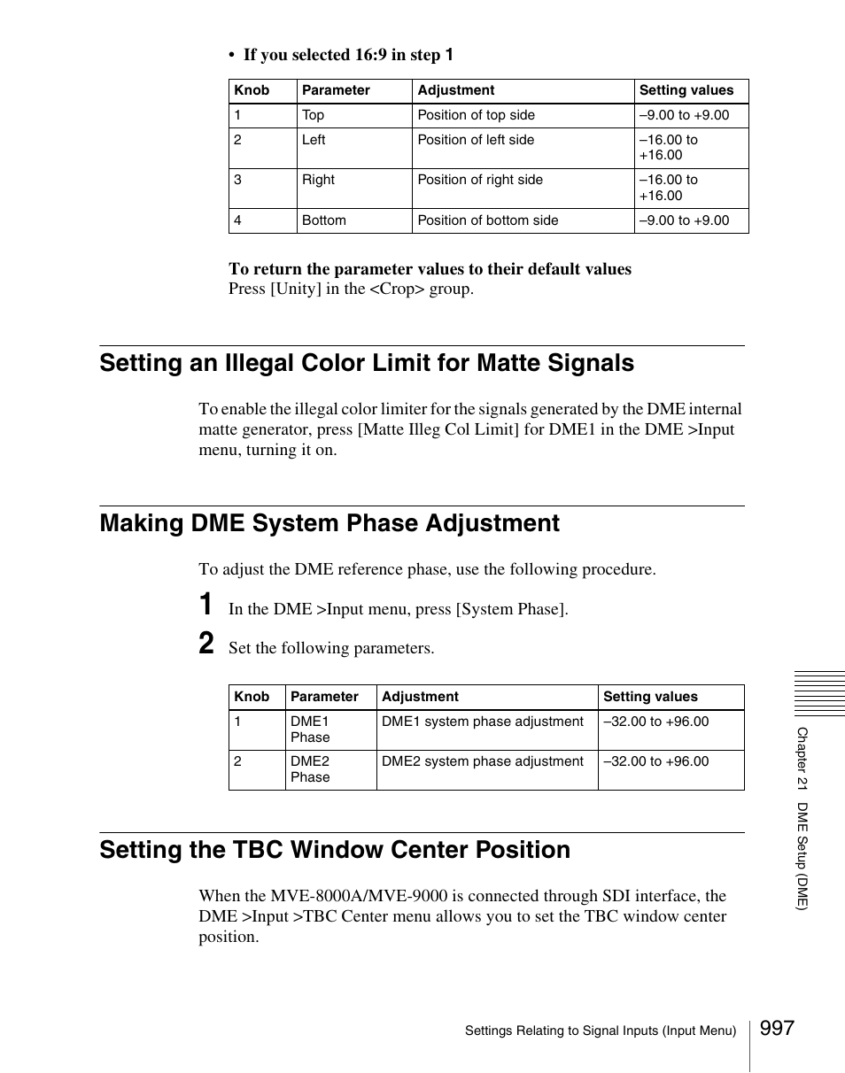 Setting an illegal color limit for matte signals, Making dme system phase adjustment, Setting the tbc window center position | Sony Multi Interface Shoe Adapter User Manual | Page 997 / 1094