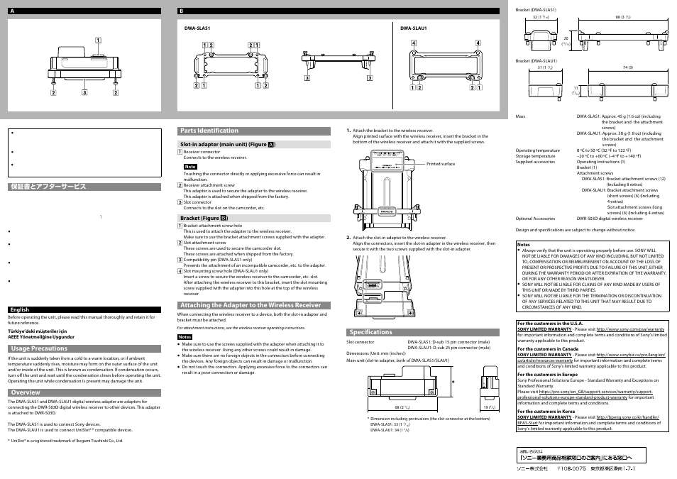 Usage precautions, Overview, Specifications | Parts identification, Attaching the adapter to the wireless receiver | Sony FA-WRR1 Wireless Radio Receiver User Manual | Page 2 / 2