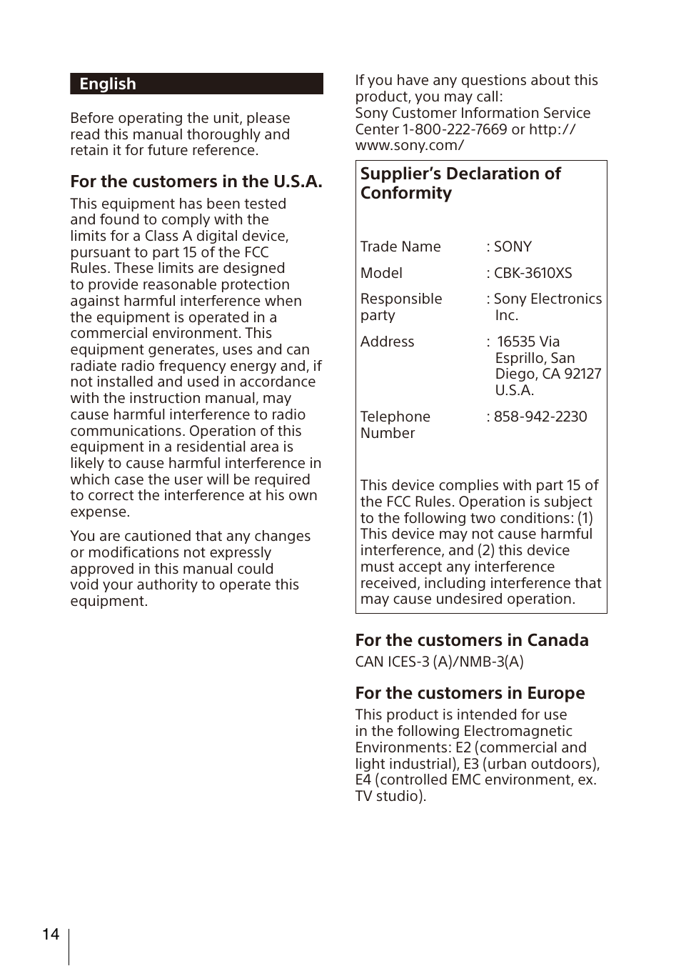 Supplier’s declaration of conformity, For the customers in canada, For the customers in europe | For the customers in the u.s.a, English | Sony FA-WRC1M Wireless Radio Commander User Manual | Page 14 / 81