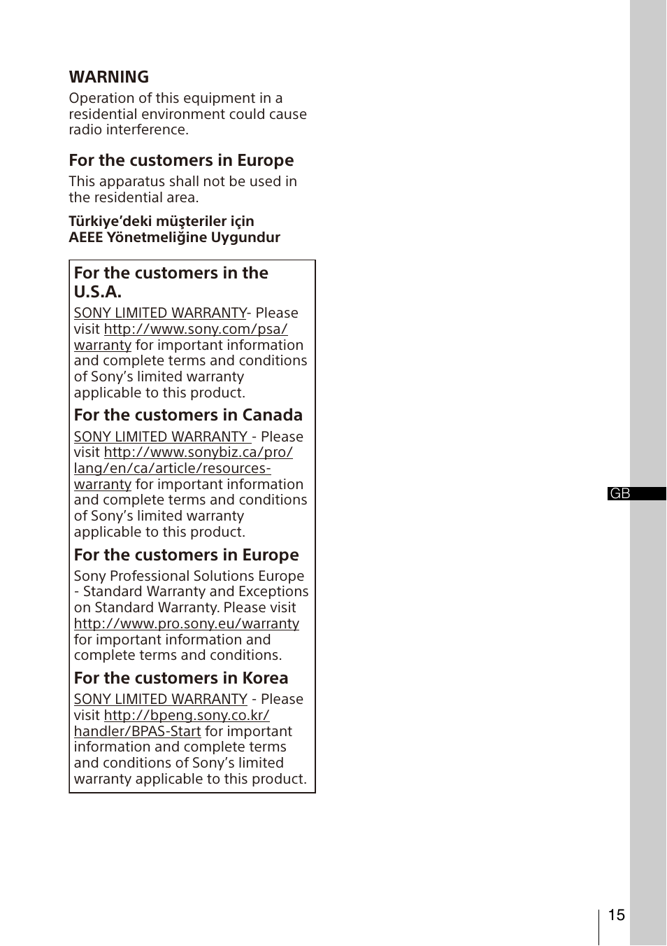 Warning, For the customers in europe, For the customers in the u.s.a | For the customers in canada, For the customers in korea | Sony FA-WRC1M Wireless Radio Commander User Manual | Page 15 / 81