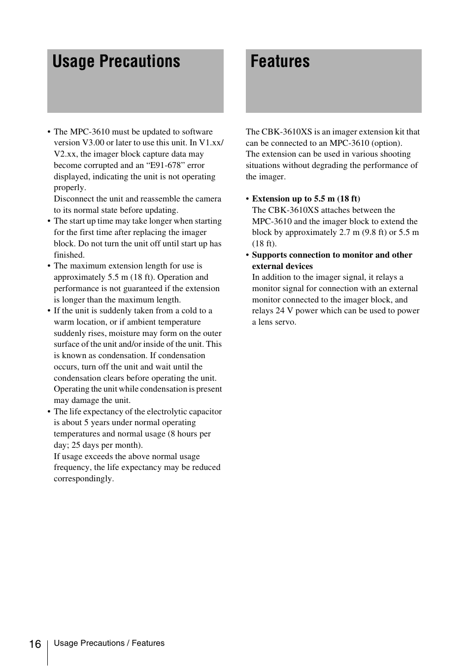 Usage precautions, Features, Usage precautions features | Sony FA-WRC1M Wireless Radio Commander User Manual | Page 16 / 81