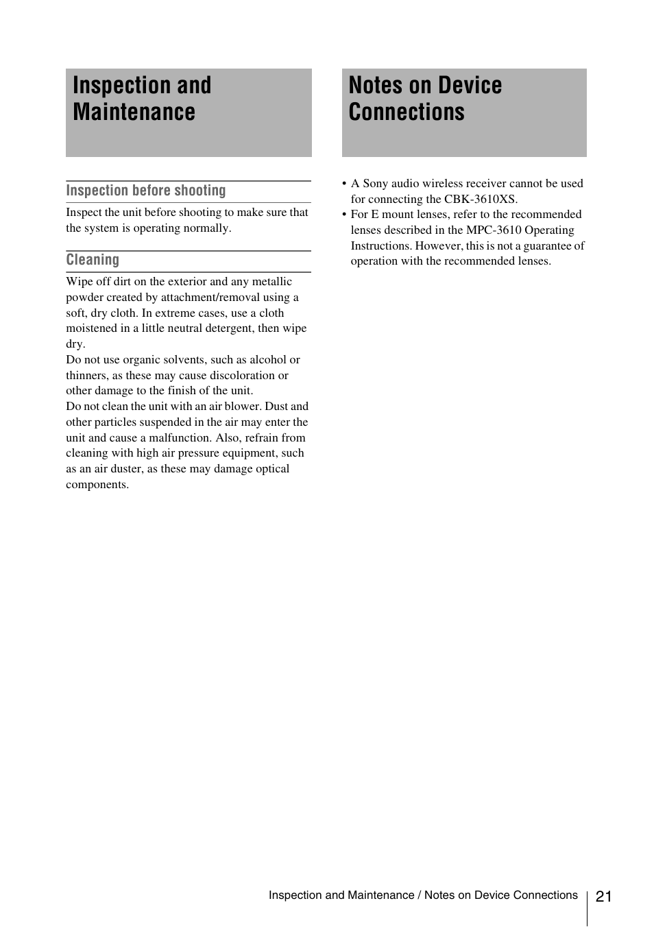 Inspection and maintenance, Notes on device connections | Sony FA-WRC1M Wireless Radio Commander User Manual | Page 21 / 81