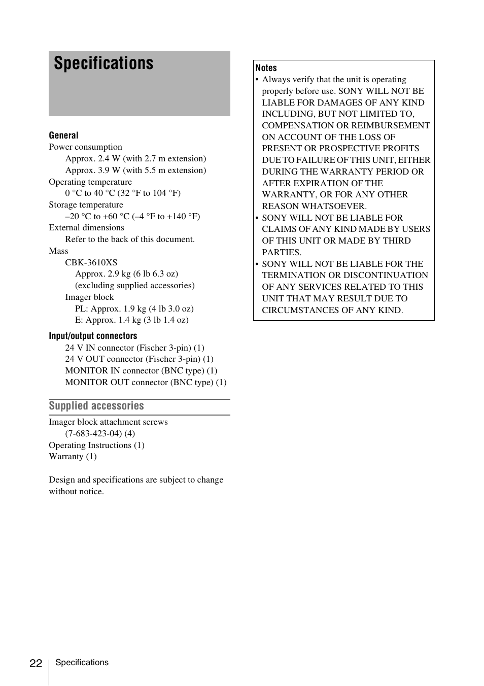 Specifications | Sony FA-WRC1M Wireless Radio Commander User Manual | Page 22 / 81