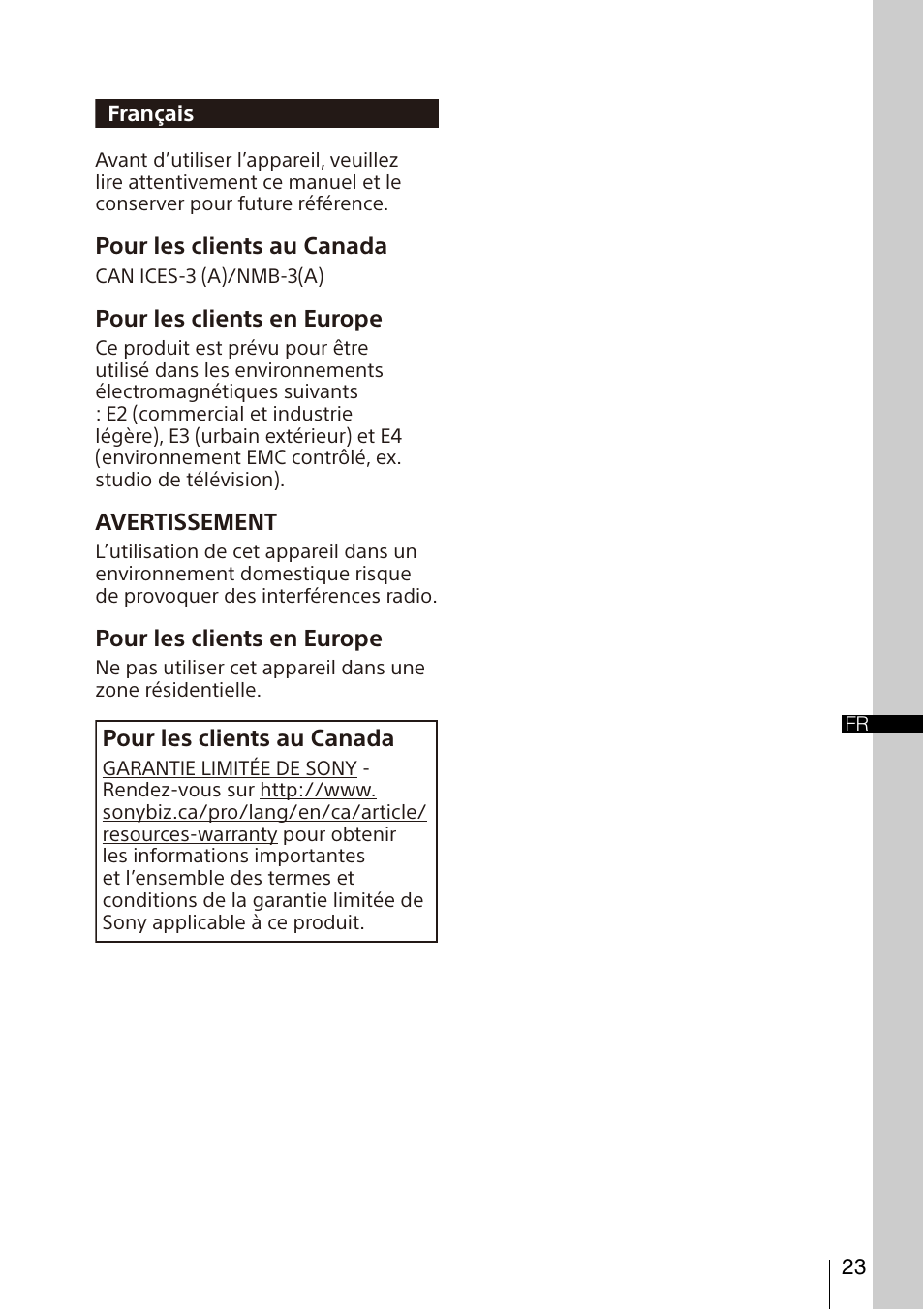 Pour les clients au canada, Pour les clients en europe, Avertissement | Français | Sony FA-WRC1M Wireless Radio Commander User Manual | Page 23 / 81